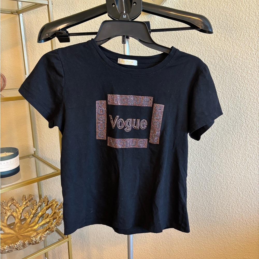 La‎ Diosa Rhinestone Vogue Graphic Tee Black Y2K Bling Top Size L